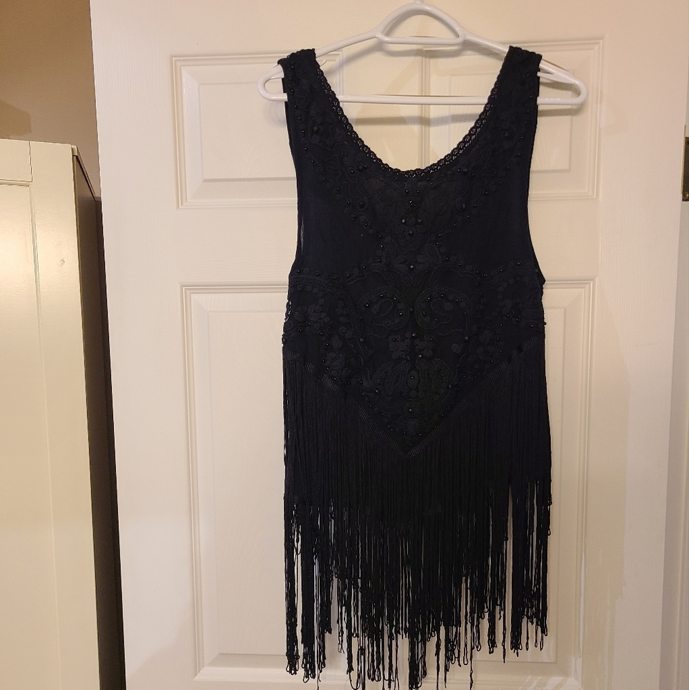 Rare Free People - Black Fringe Embroidered Festival Top - Sz L - Picture 3 of 6